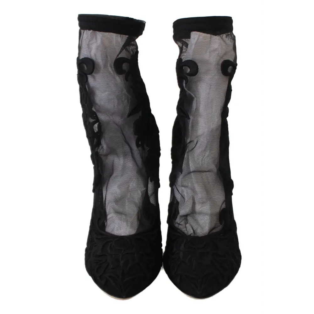 Dolce & Gabbana Schwarz Rosen Stilettos Booties Socken Schuhe - EU39/US8.5