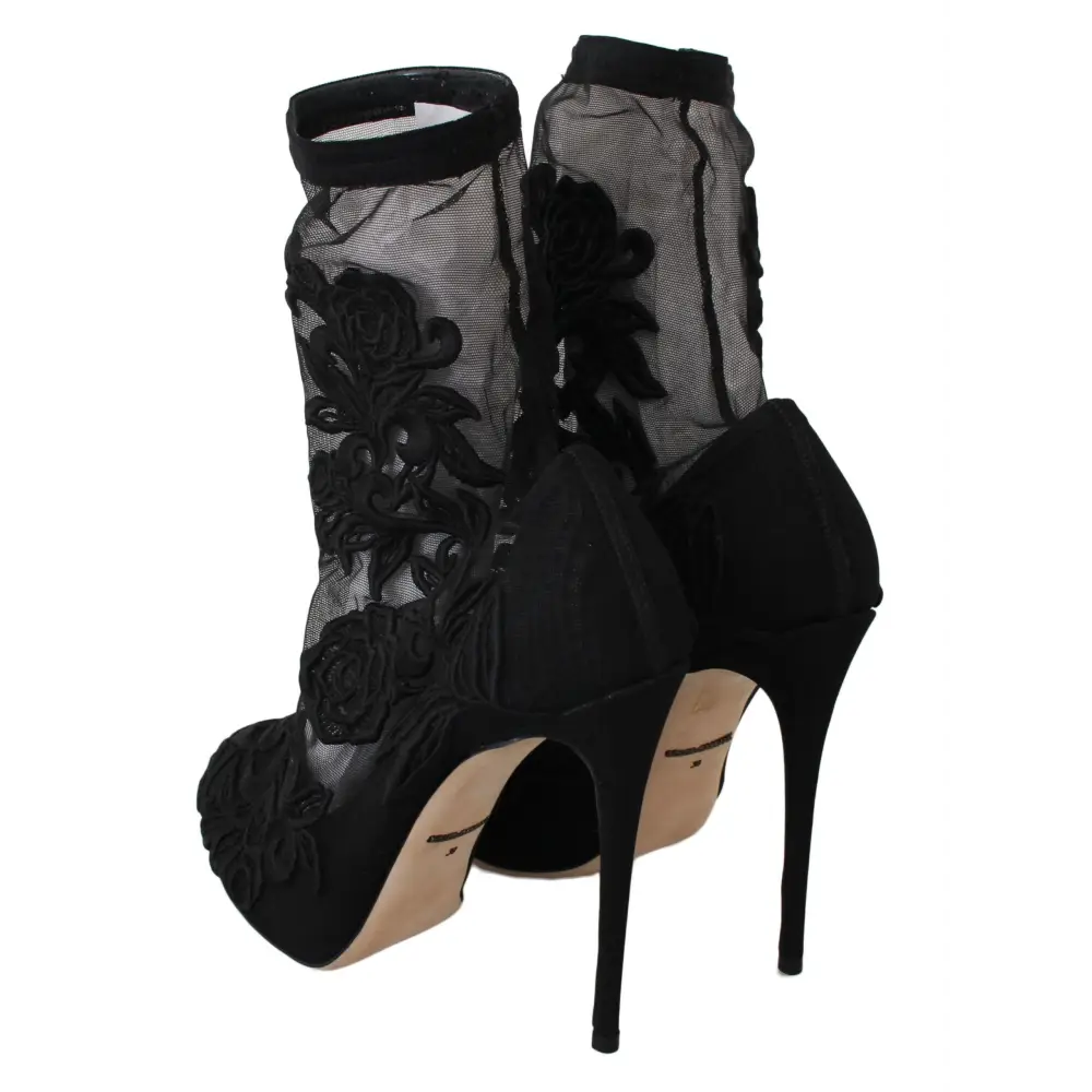 Dolce & Gabbana Schwarz Rosen Stilettos Booties Socken Schuhe - EU39/US8.5