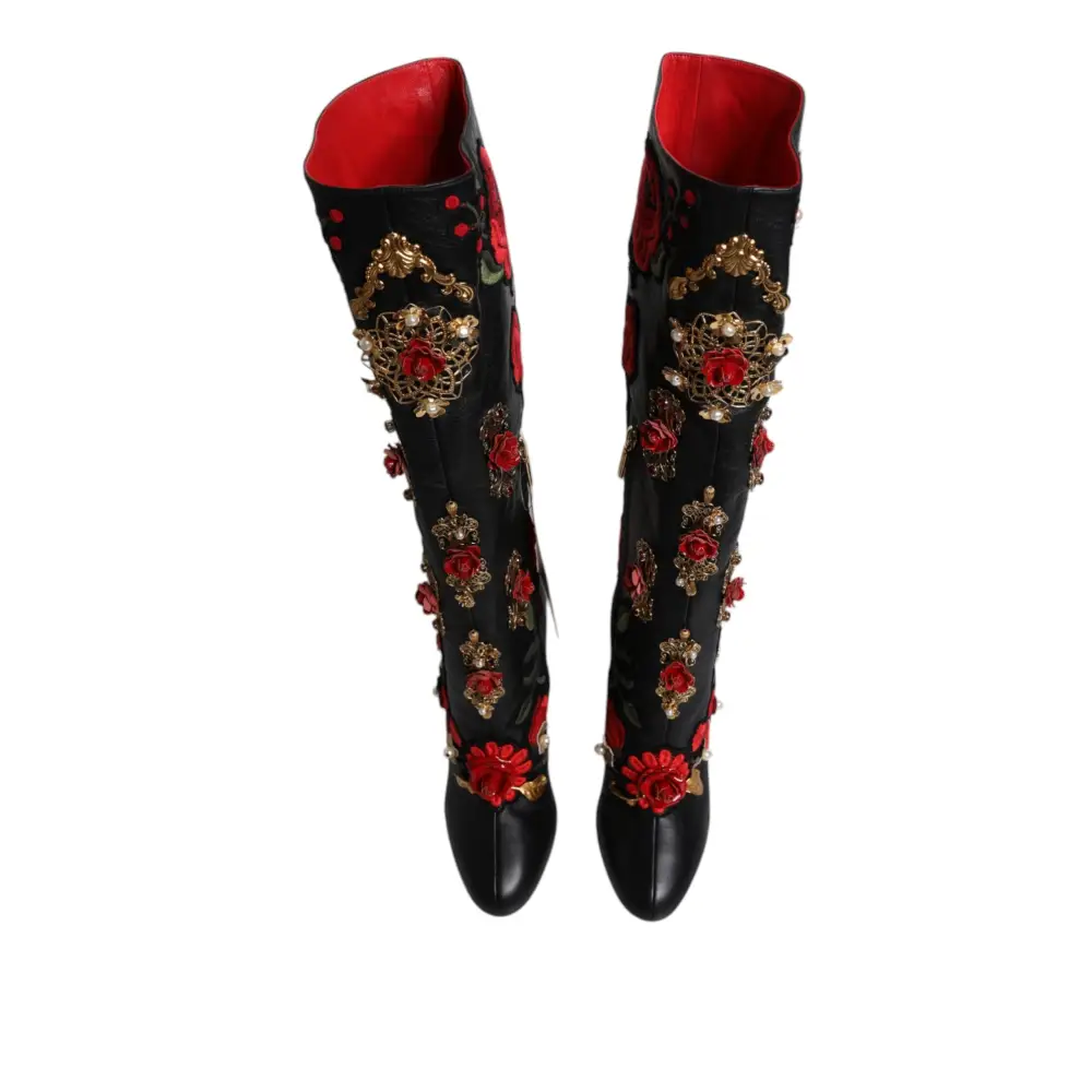 Dolce & Gabbana Schwarz Rosen verschönert Lederabsatz Stiefel Schuhe - EU39/US8.5