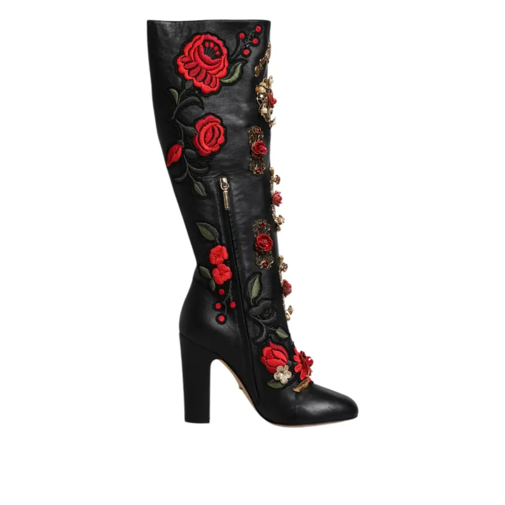 Dolce & Gabbana Schwarz Rosen verschönert Lederabsatz Stiefel Schuhe - EU39/US8.5