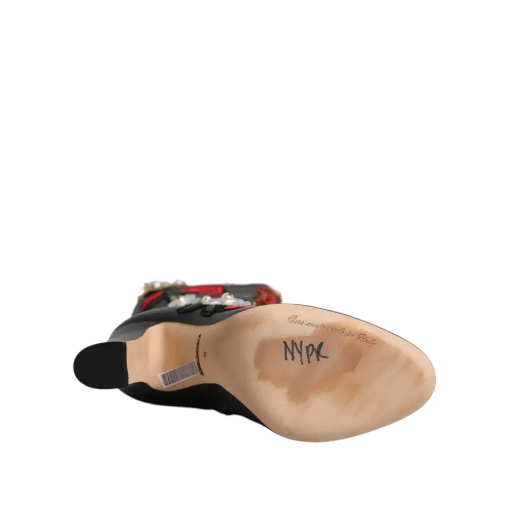 Dolce & Gabbana Schwarz Rosen verschönert Lederabsatz Stiefel Schuhe - EU39/US8.5