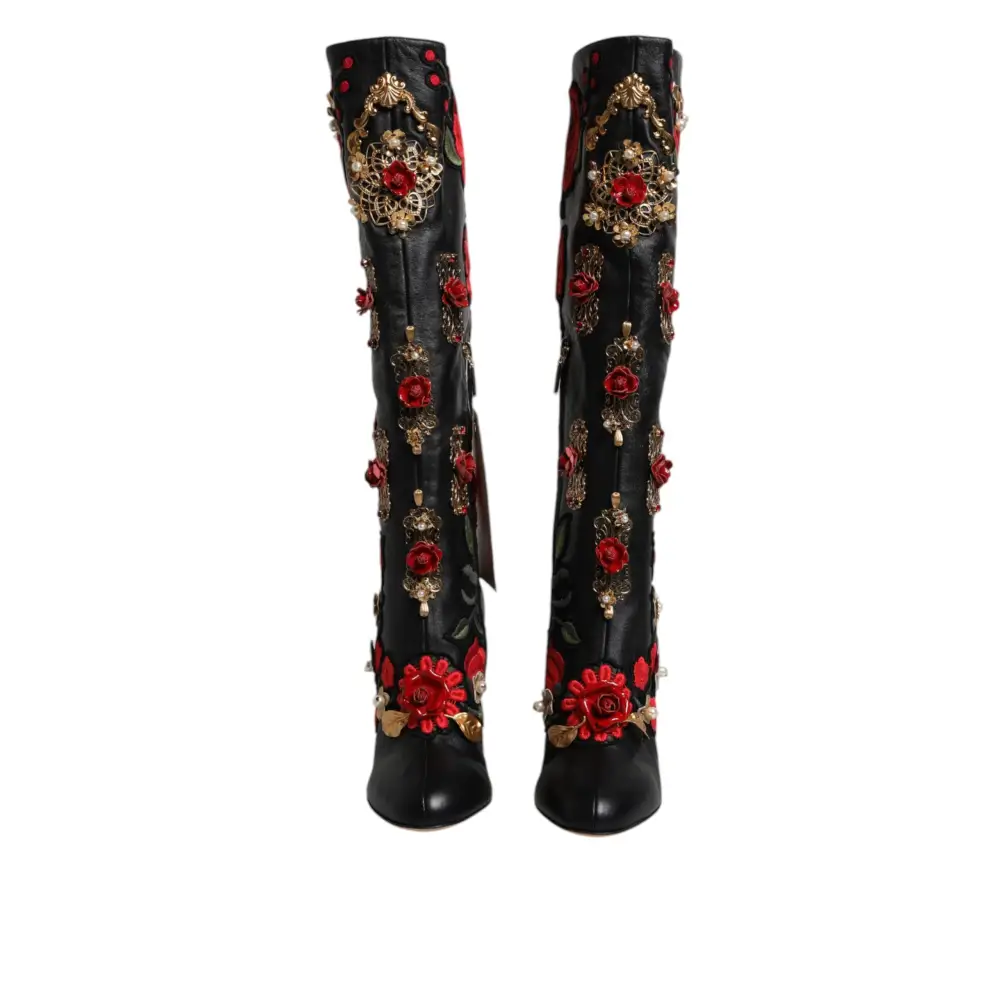 Dolce & Gabbana Schwarz Rosen verschönert Lederabsatz Stiefel Schuhe - EU39/US8.5