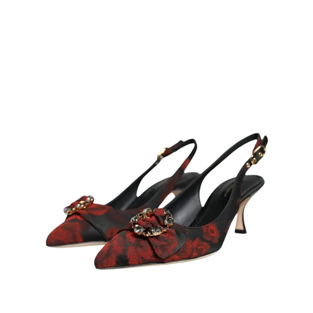 Dolce & Gabbana Schwarz Rot Floral Kristall Absatz Slingback Schuhe
