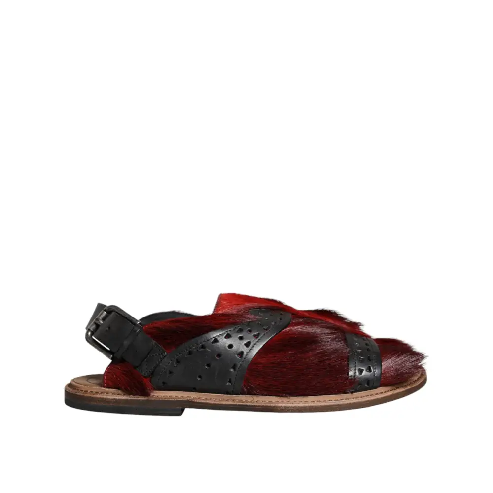 Dolce & Gabbana Schwarz Rot Gazelle Haar Leder Sandalen Schuhe - EU43/US10