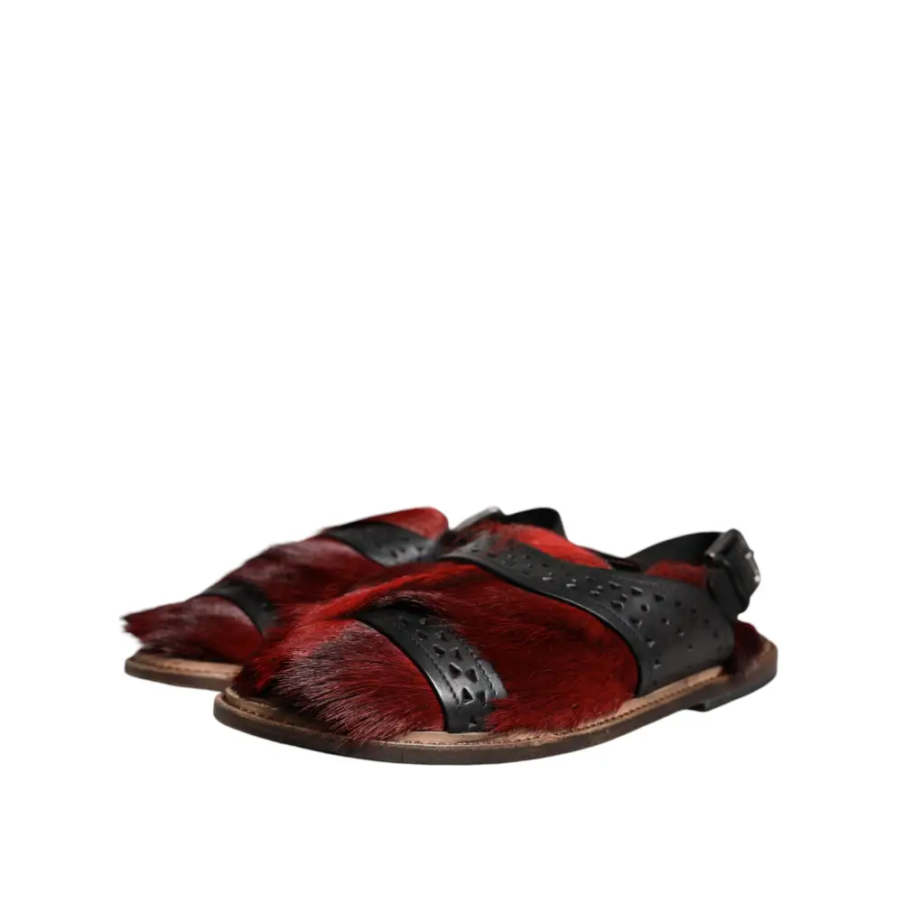 Dolce & Gabbana Schwarz Rot Gazelle Haar Leder Sandalen Schuhe - EU43/US10