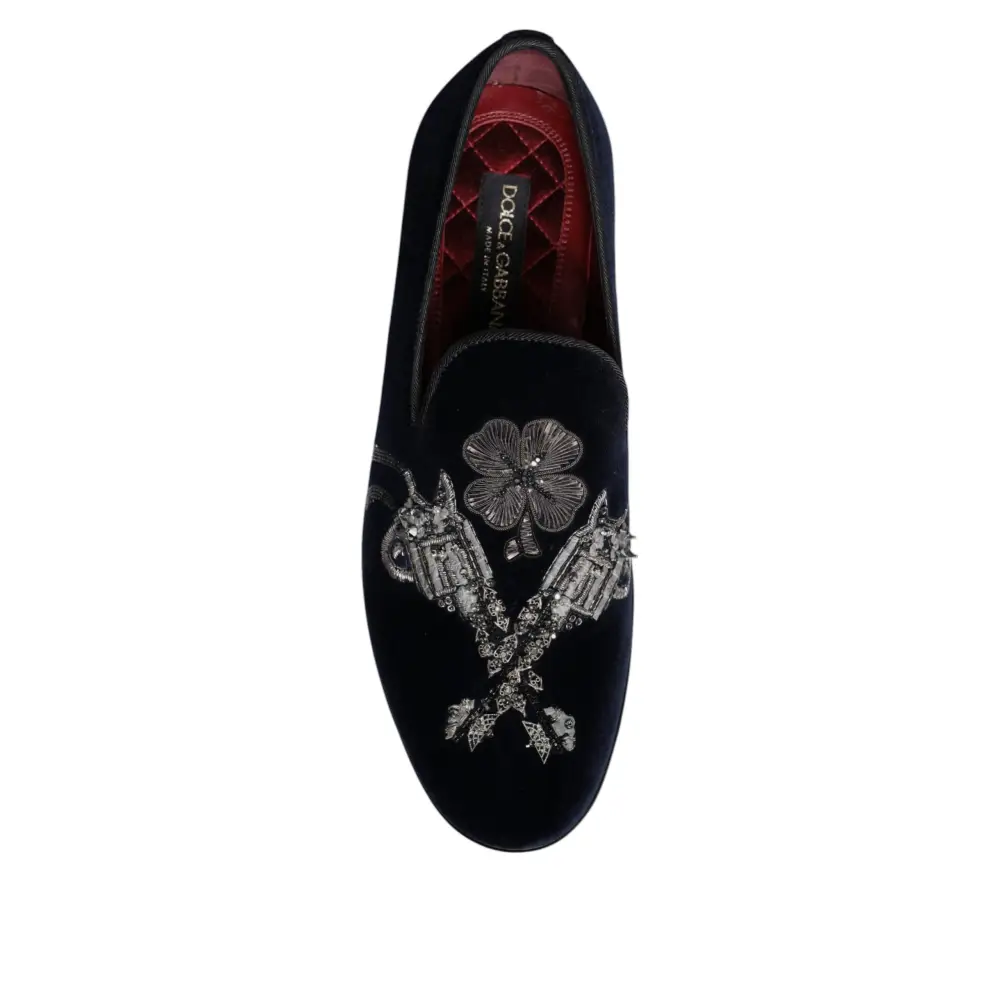 Dolce & Gabbana Schwarz Samt Floral Gun Loafers Kleid Schuhe - EU41/US8