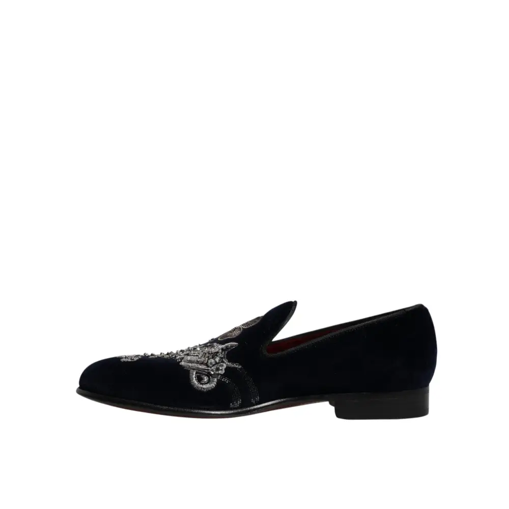 Dolce & Gabbana Schwarz Samt Floral Gun Loafers Kleid Schuhe - EU41/US8