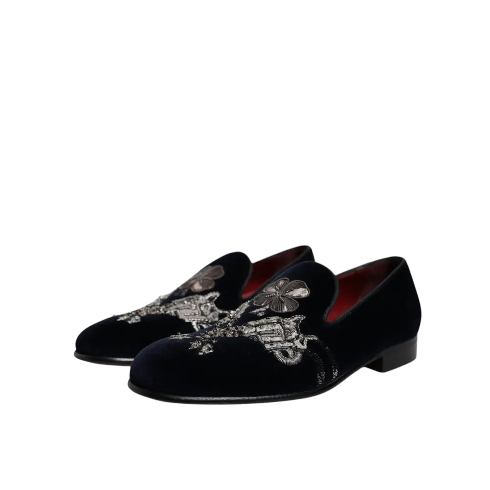 Dolce & Gabbana Schwarz Samt Floral Gun Loafers Kleid Schuhe - EU41/US8