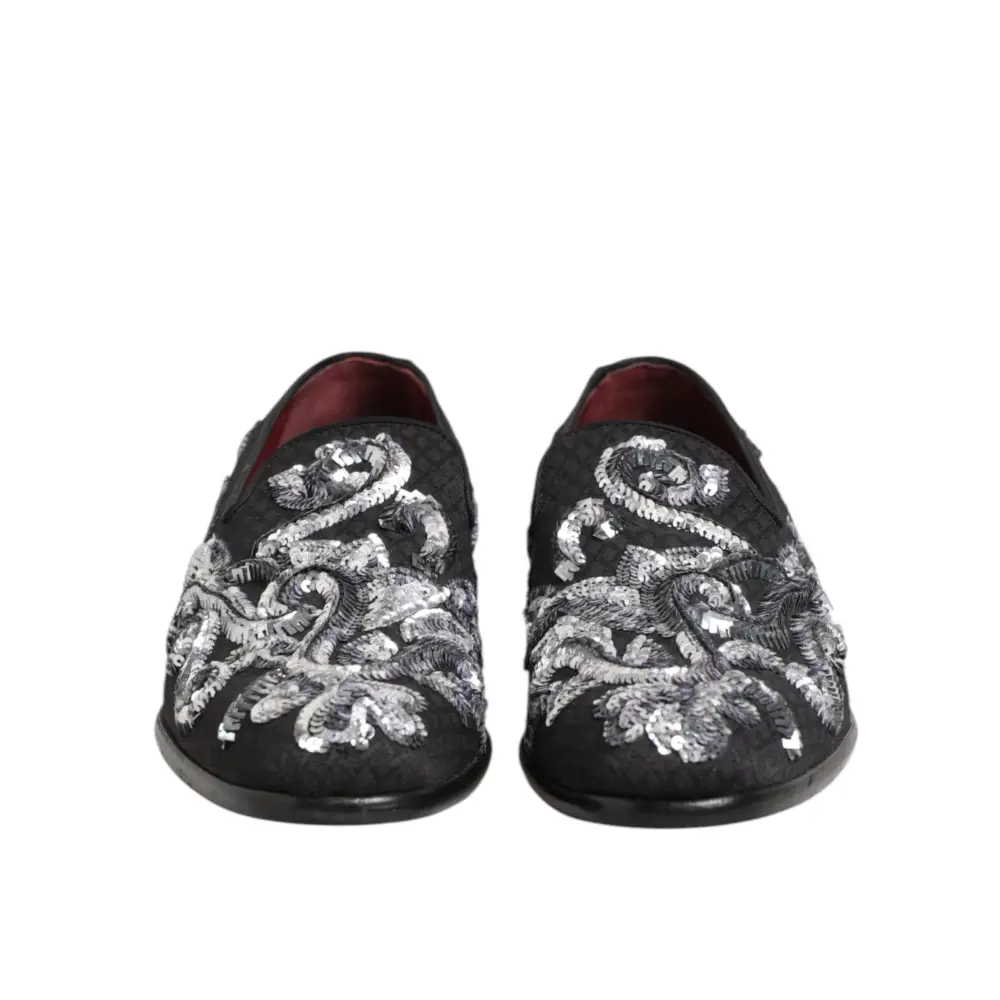 Dolce & Gabbana Schwarz Silber Pailletten Loafers Männer Kleid Schuhe - EU44/US11