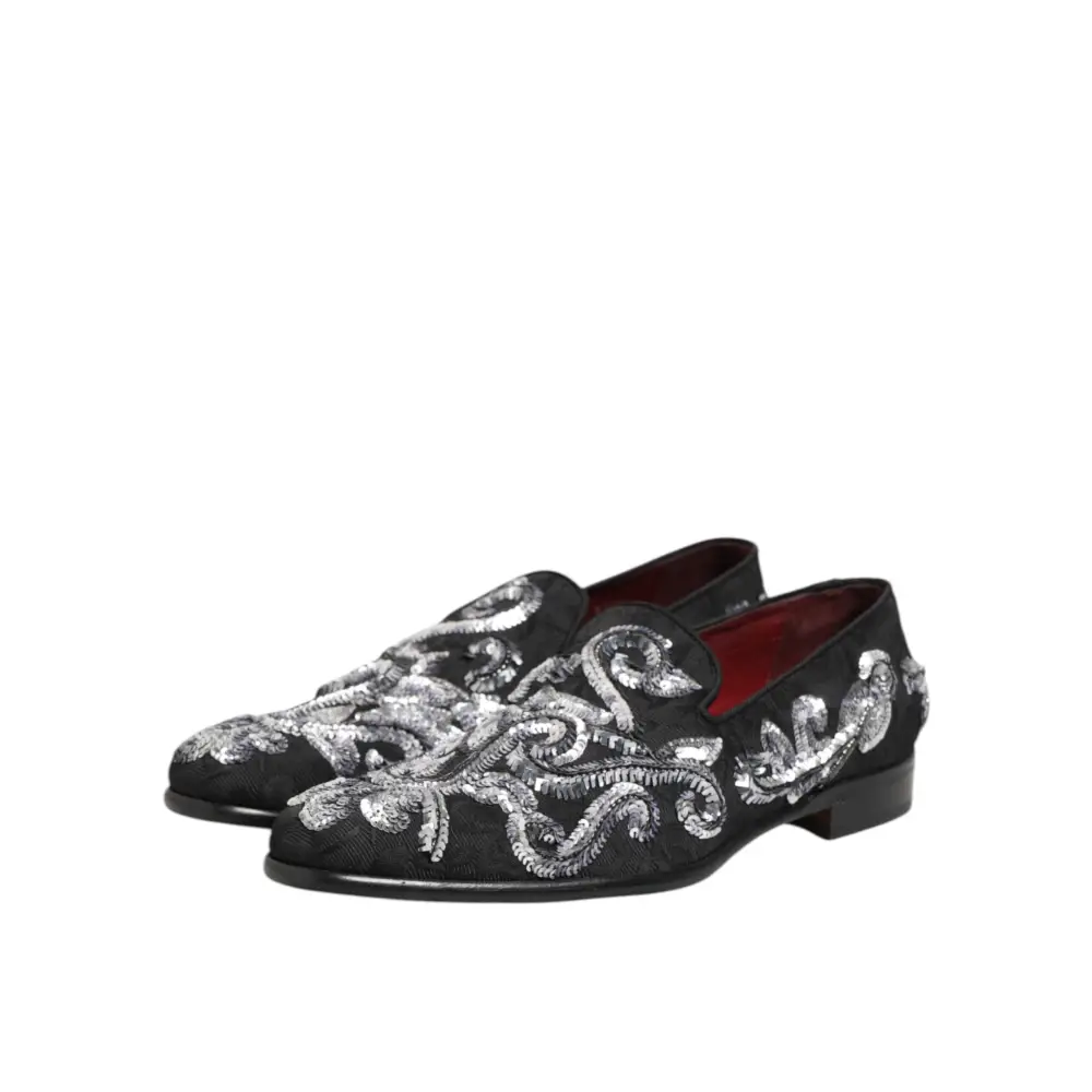 Dolce & Gabbana Schwarz Silber Pailletten Loafers Männer Kleid Schuhe - EU44/US11