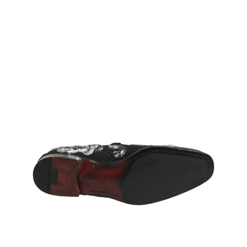 Dolce & Gabbana Schwarz Silber Pailletten Loafers Männer Kleid Schuhe - EU44/US11