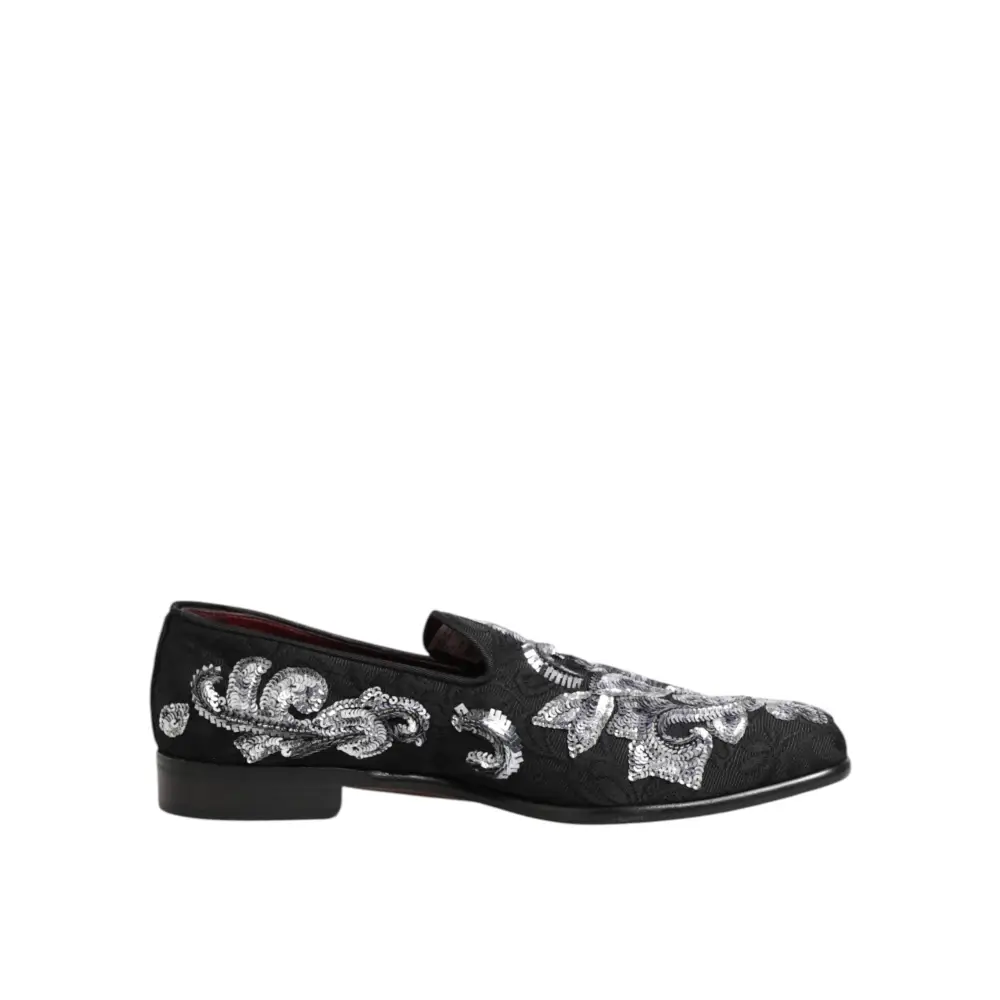 Dolce & Gabbana Schwarz Silber Pailletten Loafers Männer Kleid Schuhe - EU44/US11