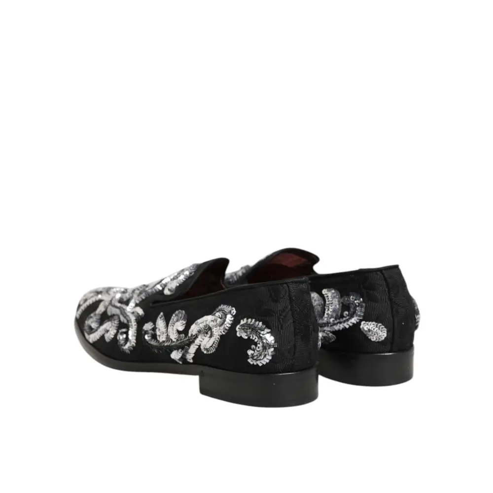 Dolce & Gabbana Schwarz Silber Pailletten Loafers Männer Kleid Schuhe - EU44/US11