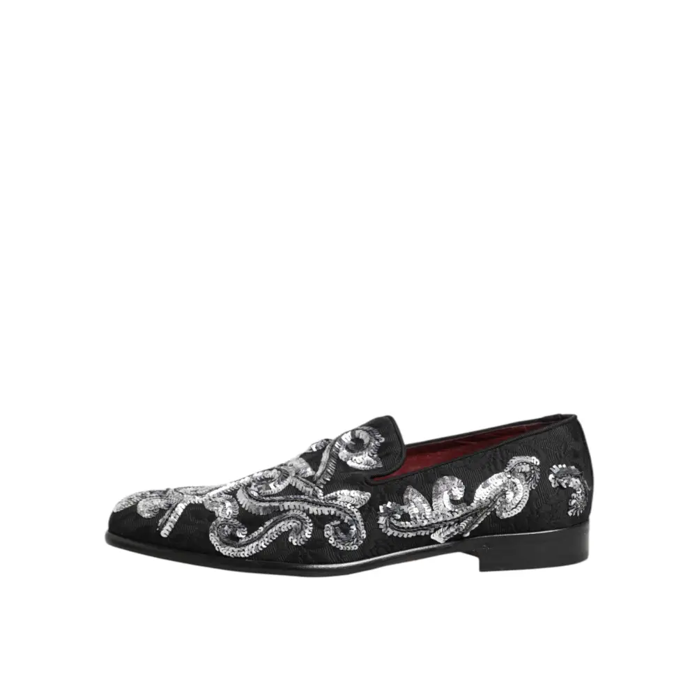 Dolce & Gabbana Schwarz Silber Pailletten Loafers Männer Kleid Schuhe - EU44/US11