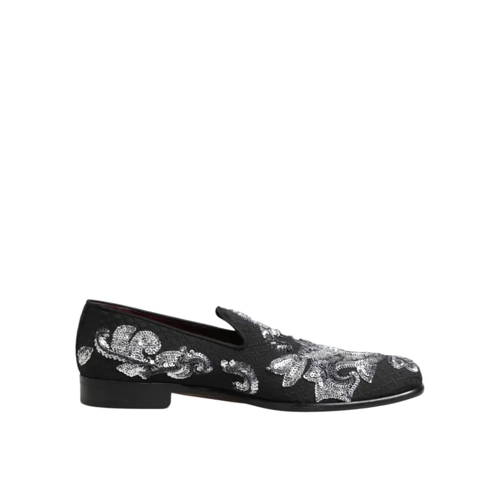 Dolce & Gabbana Schwarz Silber Pailletten Loafers Männer Kleid Schuhe - EU44/US11