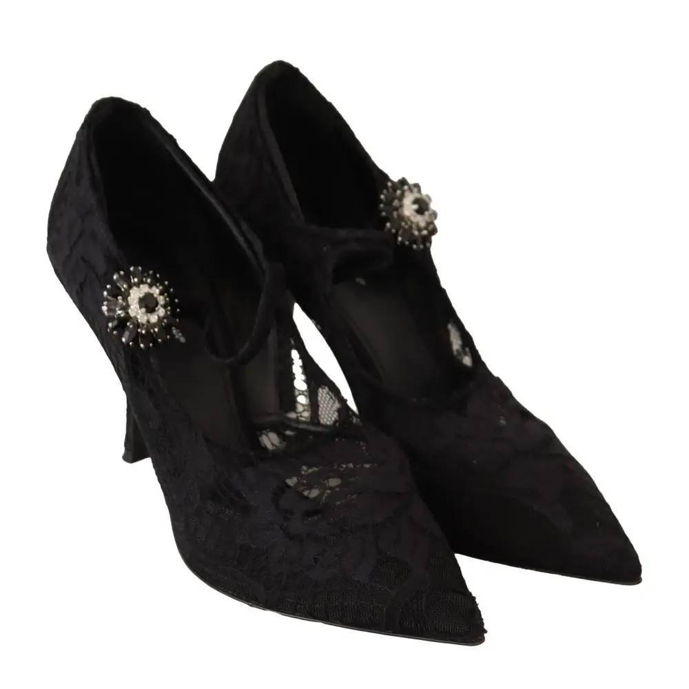 Dolce & Gabbana Schwarz Spitze Kristalle Heels Mary Jane Pumps Schuhe - EU38/US7.5