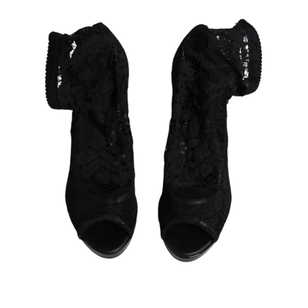 Dolce & Gabbana Schwarz Stretch Taormina Spitze Stiefel Schuhe - EU39/US8.5