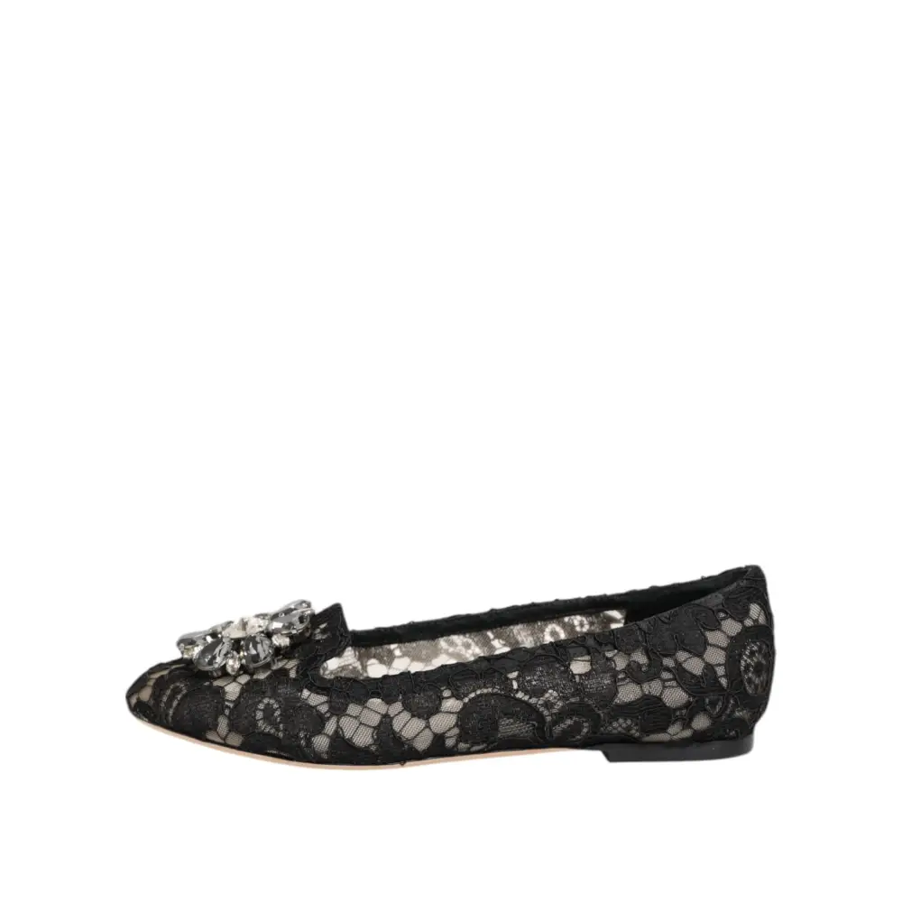Dolce & Gabbana Schwarz Taormina Spitze Kristalle Flats Schuhe