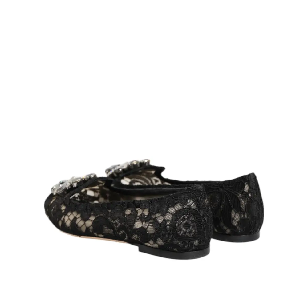 Dolce & Gabbana Schwarz Taormina Spitze Kristalle Flats Schuhe