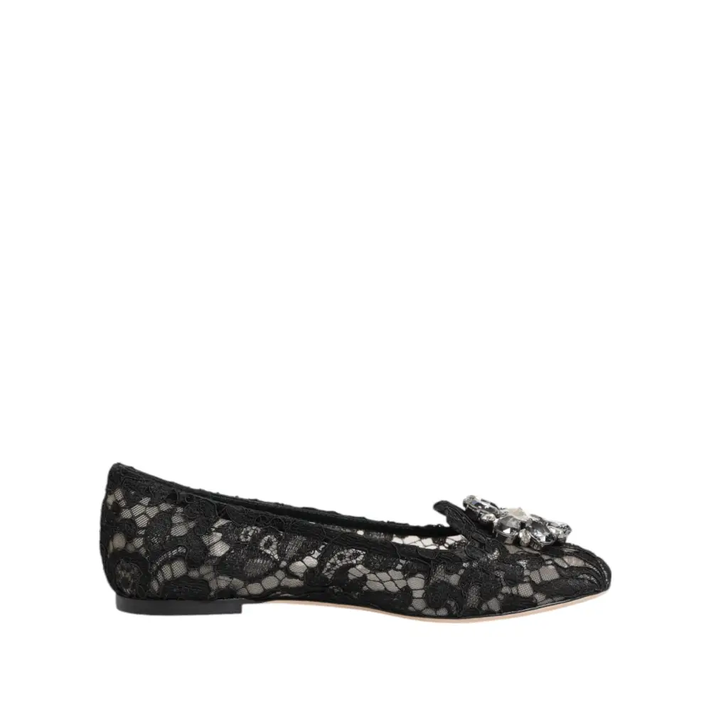 Dolce & Gabbana Schwarz Taormina Spitze Kristalle Flats Schuhe