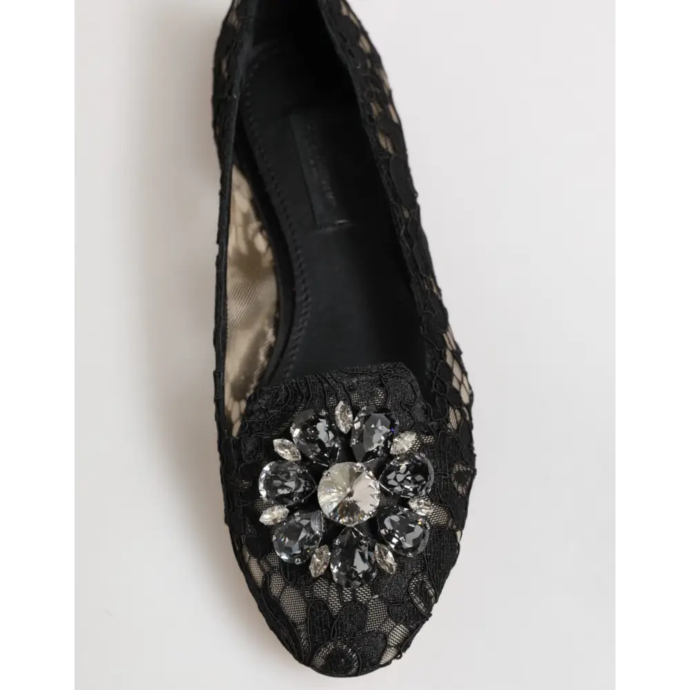 Dolce & Gabbana Schwarz Taormina Spitze Kristalle Flats Schuhe