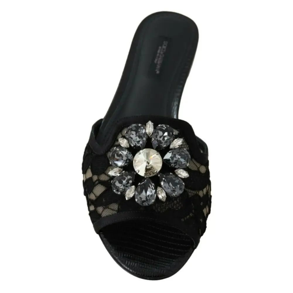 Dolce & Gabbana Schwarz Taormina Spitze Slides Kristalle Flats Schuhe - EU35.5/US5
