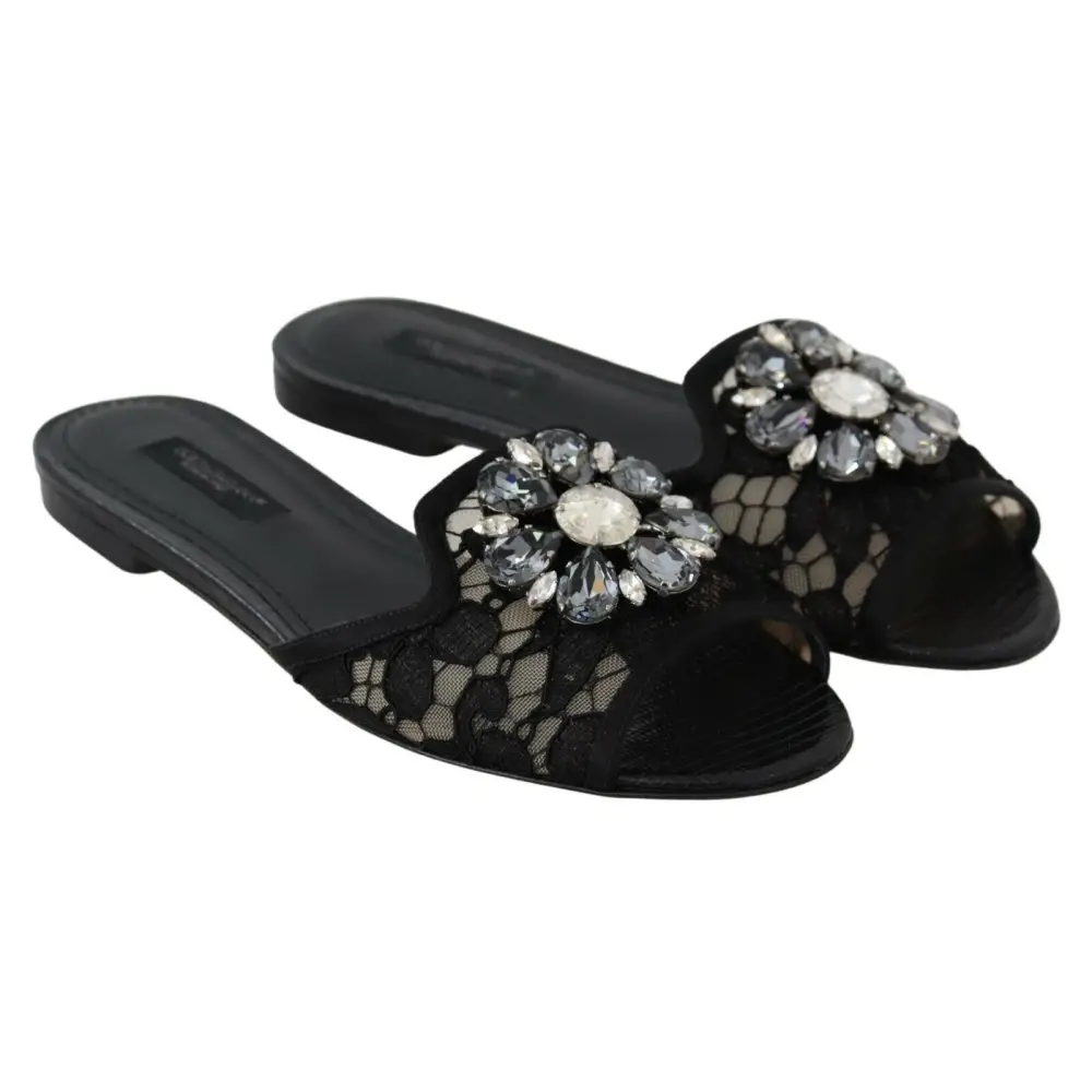 Dolce & Gabbana Schwarz Taormina Spitze Slides Kristalle Flats Schuhe - EU35.5/US5