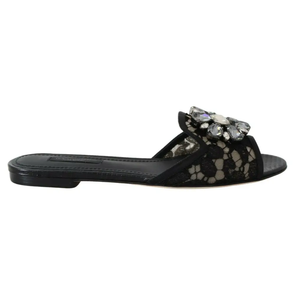 Dolce & Gabbana Schwarz Taormina Spitze Slides Kristalle Flats Schuhe - EU35.5/US5