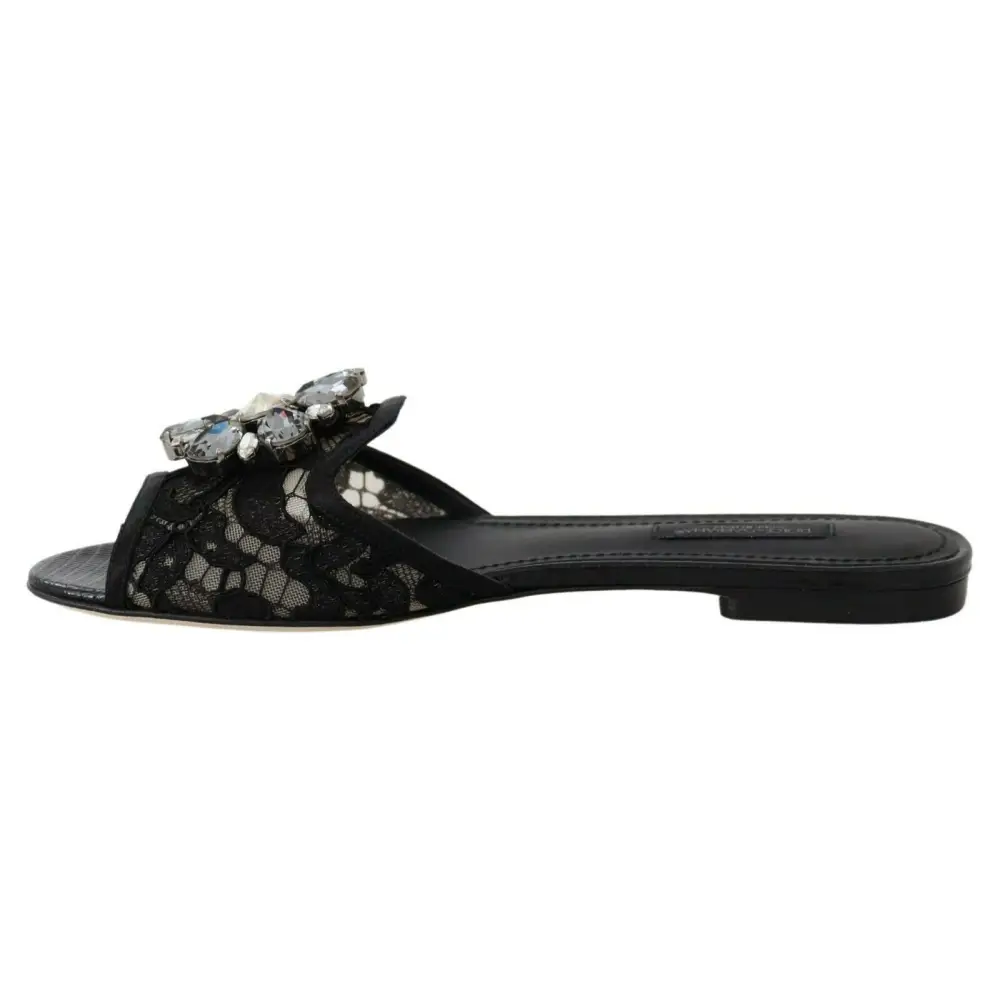Dolce & Gabbana Schwarz Taormina Spitze Slides Kristalle Flats Schuhe - EU35.5/US5
