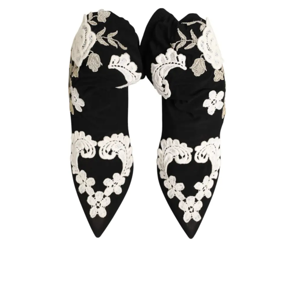 Dolce & Gabbana Schwarz Weiß Bestickte Jersey Stiletto Stiefel Schuhe