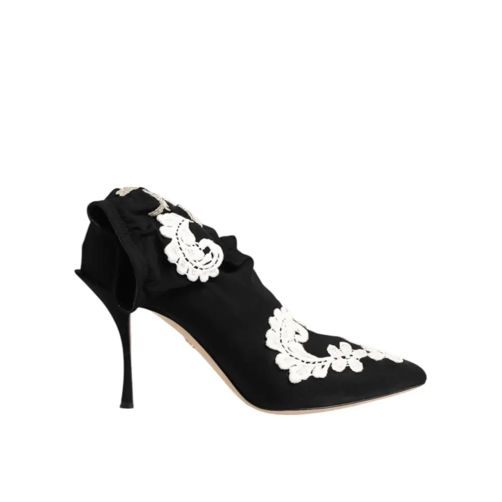 Dolce & Gabbana Schwarz Weiß Bestickte Jersey Stiletto Stiefel Schuhe