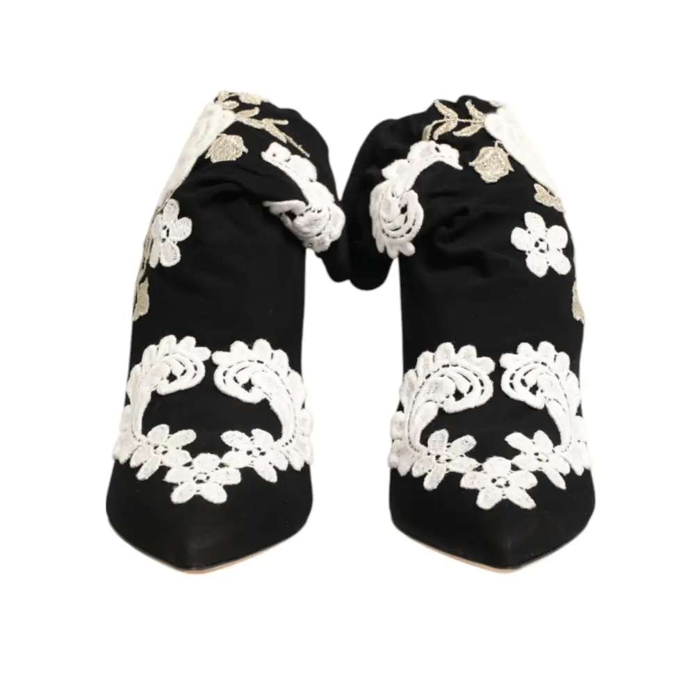 Dolce & Gabbana Schwarz Weiß Bestickte Jersey Stiletto Stiefel Schuhe