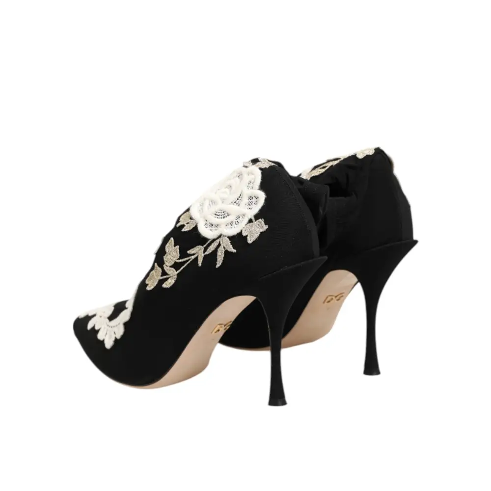 Dolce & Gabbana Schwarz Weiß Bestickte Jersey Stiletto Stiefel Schuhe