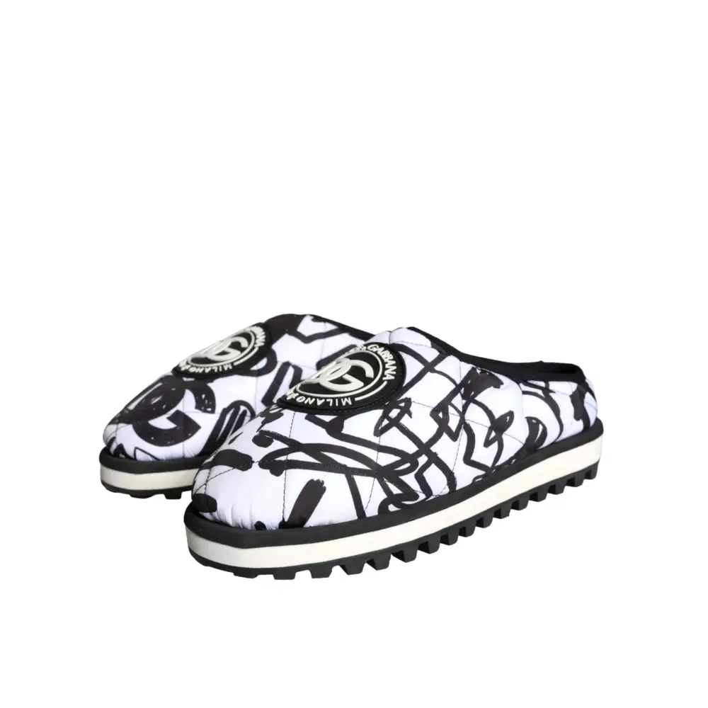 Dolce & Gabbana Schwarz Weiß Gesteppte Logo Sandalen Rutschen Schuhe - EU44/US11