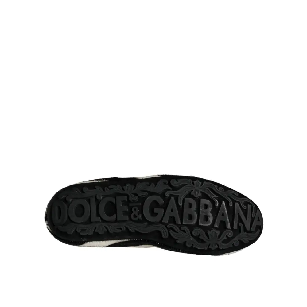 Dolce & Gabbana Schwarz Weiß Kalb Pelz Slip On Loafers Männer Schuhe - EU41/US8