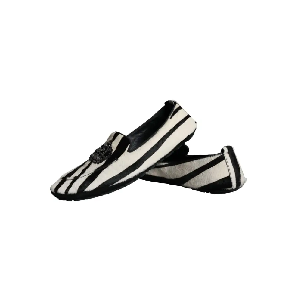 Dolce & Gabbana Schwarz Weiß Kalb Pelz Slip On Loafers Männer Schuhe - EU41/US8