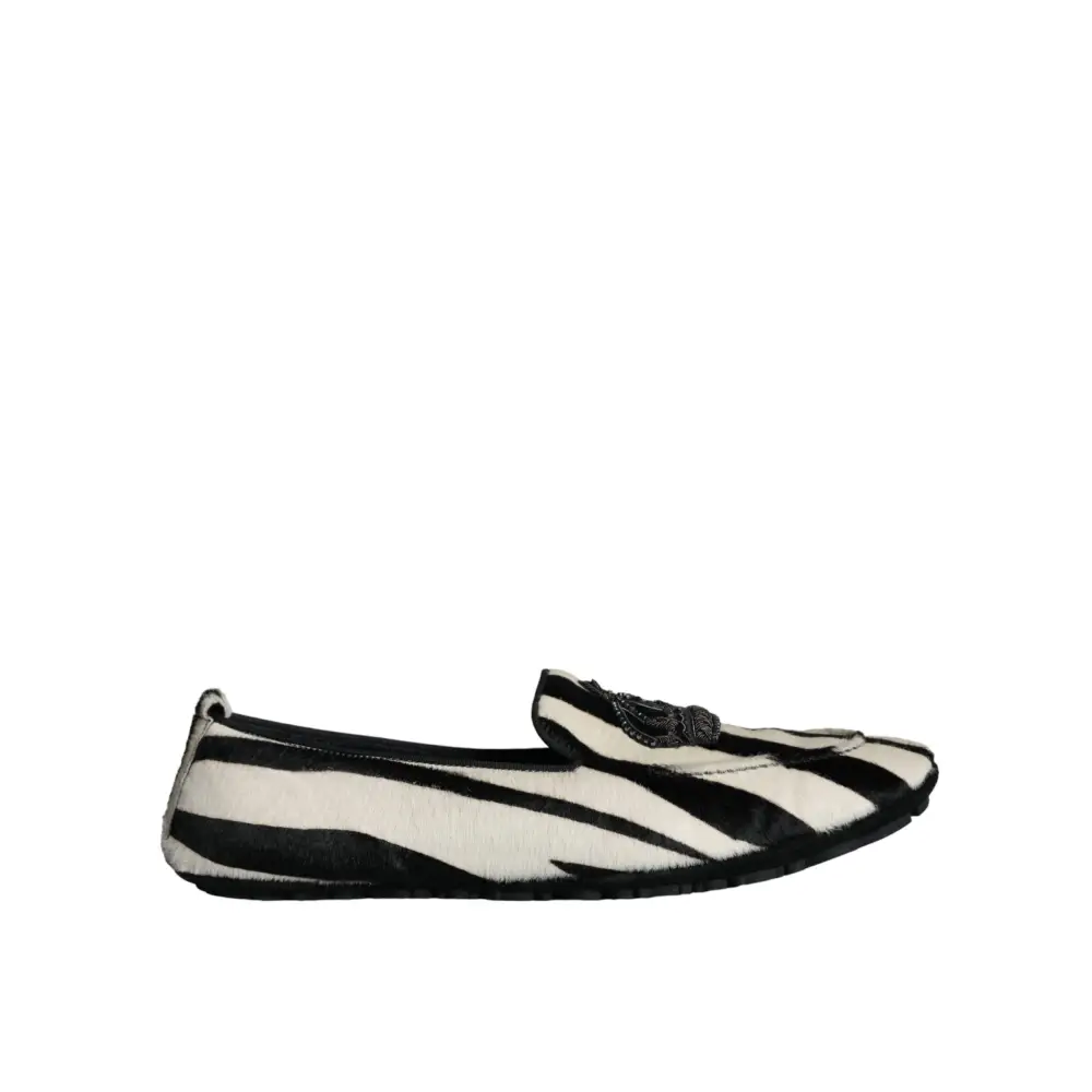 Dolce & Gabbana Schwarz Weiß Kalb Pelz Slip On Loafers Männer Schuhe - EU41/US8