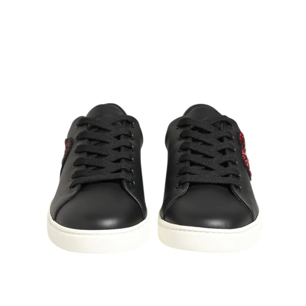 Dolce & Gabbana Schwarz Weiß Leder Kristall Herz Turnschuhe Schuhe - EU39/US8.5