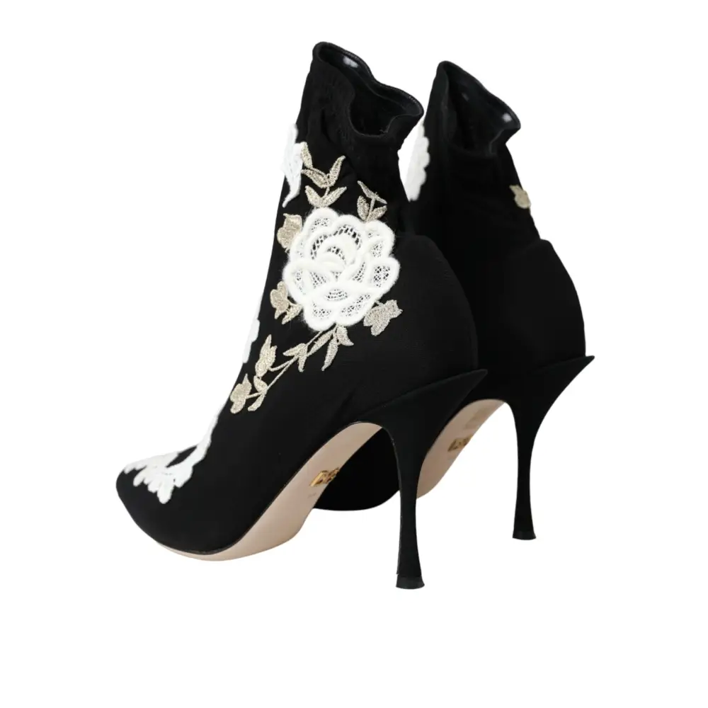 Dolce & Gabbana Schwarz Weiß Stickerei Slip On Stiefel Schuhe