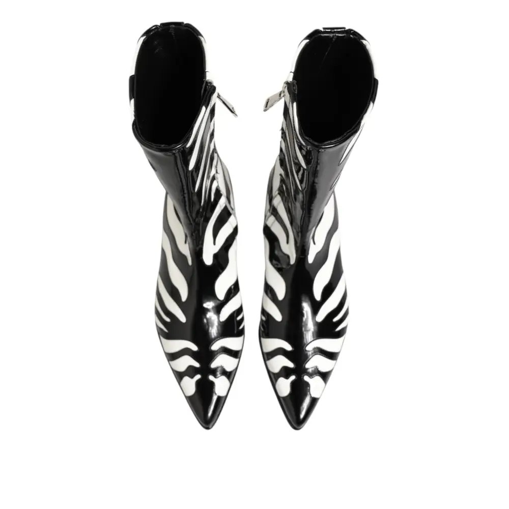Dolce & Gabbana Schwarz Weiß Zebra Leder Mid Calf Stiefel Schuhe - EU44/US11