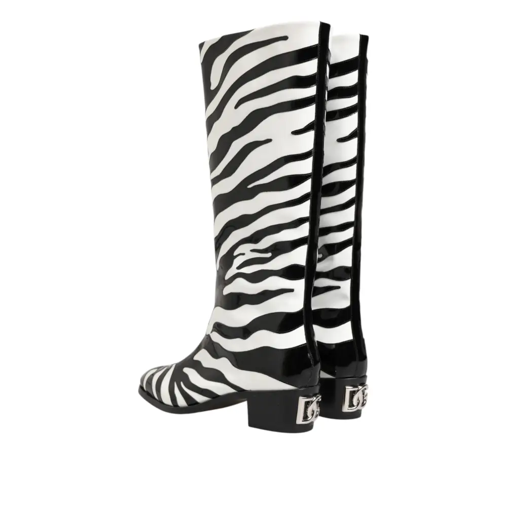 Dolce & Gabbana Schwarz Weiß Zebra Over The Calf Stiefel Schuhe - EU44/US11