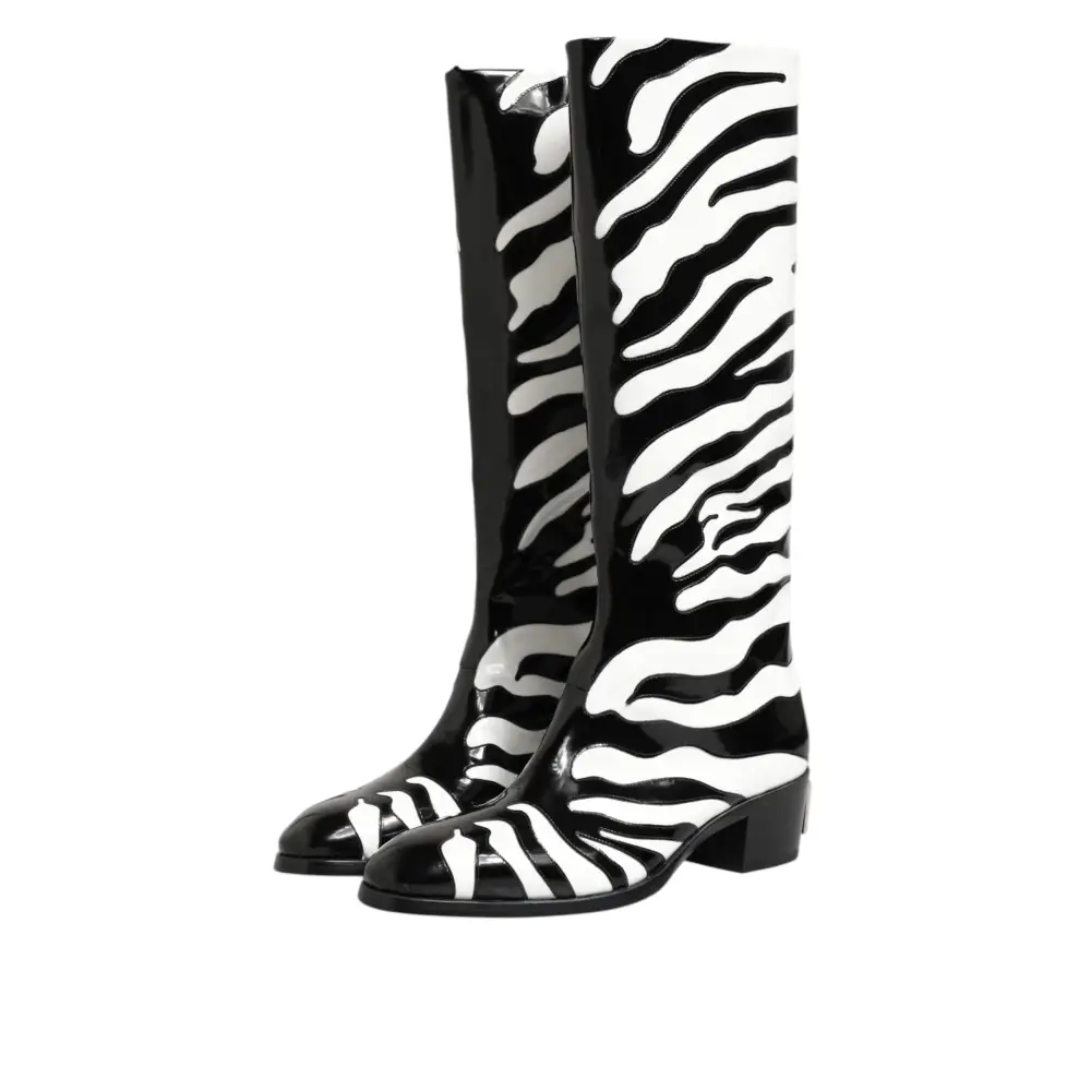 Dolce & Gabbana Schwarz Weiß Zebra Over The Calf Stiefel Schuhe - EU44/US11