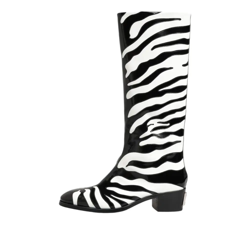 Dolce & Gabbana Schwarz Weiß Zebra Over The Calf Stiefel Schuhe - EU44/US11