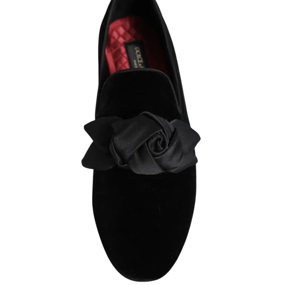 Dolce & Gabbana Schwarz Wildleder Baumwolle Rose Slip On Loafers Schuhe - EU43/US10