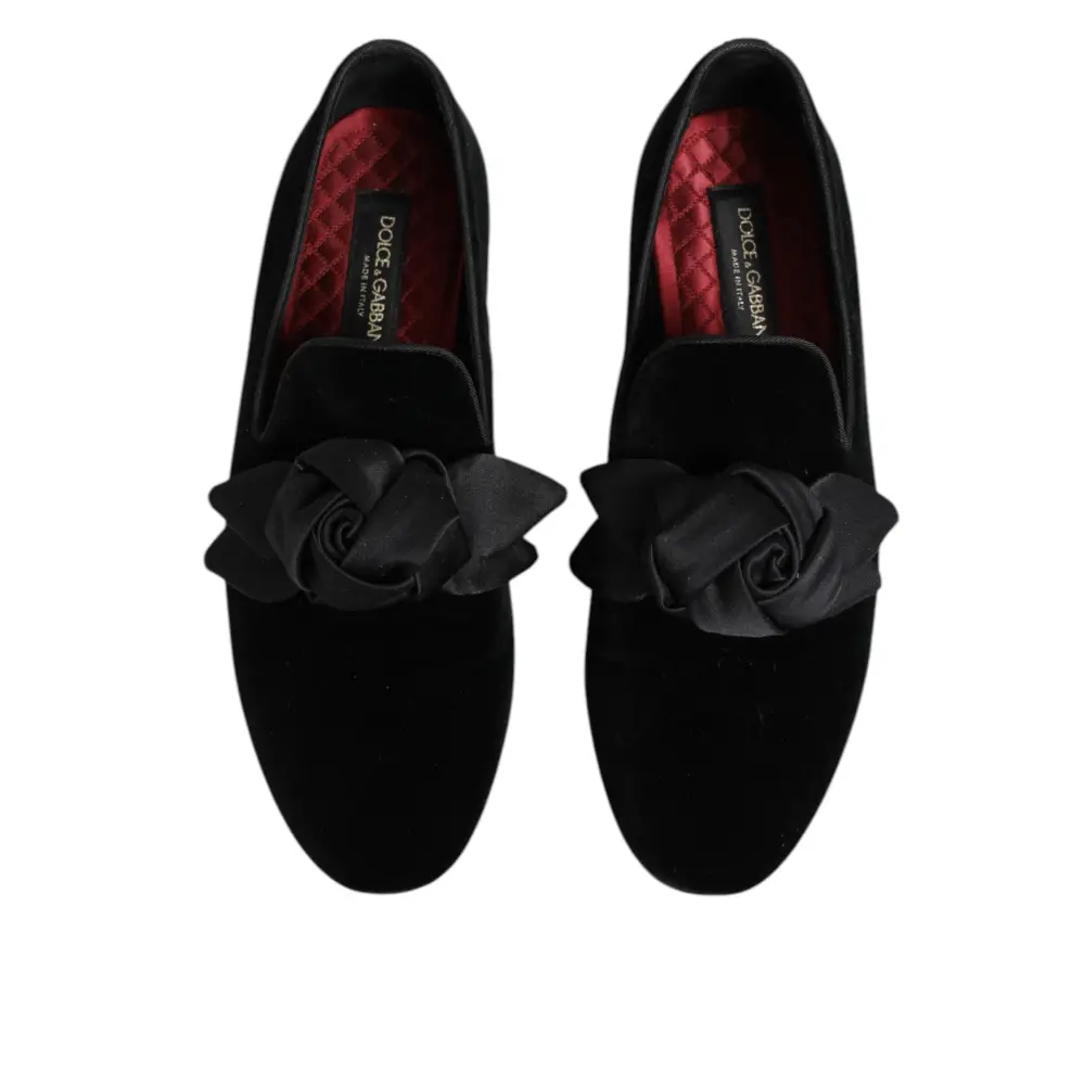 Dolce & Gabbana Schwarz Wildleder Baumwolle Rose Slip On Loafers Schuhe - EU43/US10