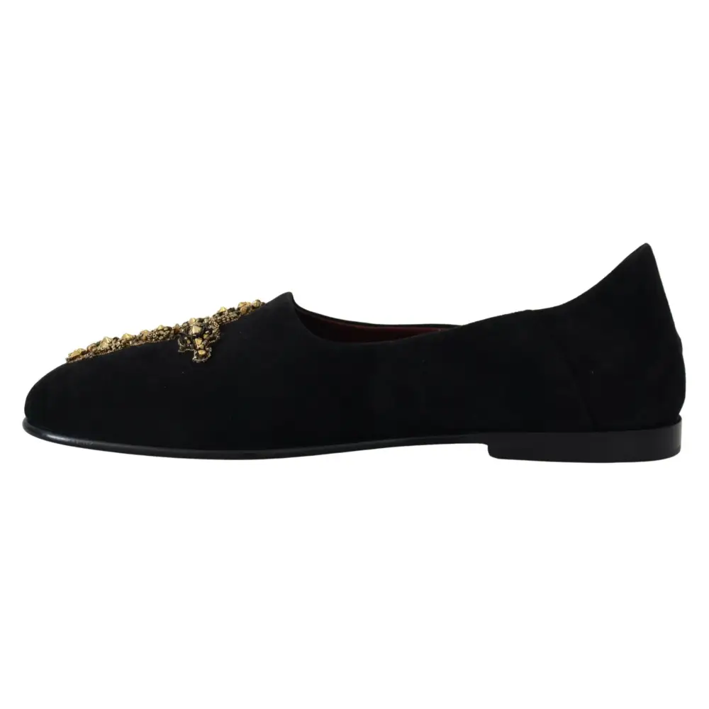 Dolce & Gabbana Schwarz Wildleder Gold Kreuz Slip On Loafers Schuhe