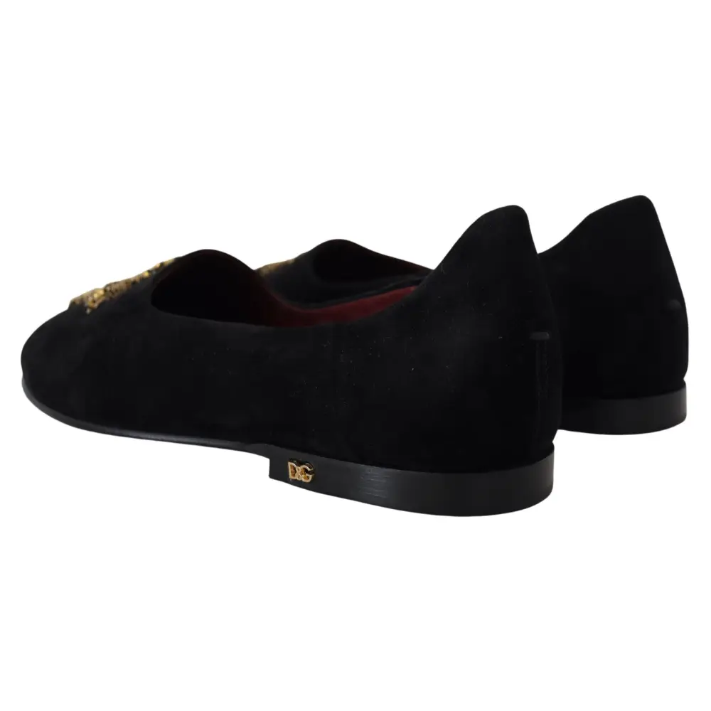 Dolce & Gabbana Schwarz Wildleder Gold Kreuz Slip On Loafers Schuhe