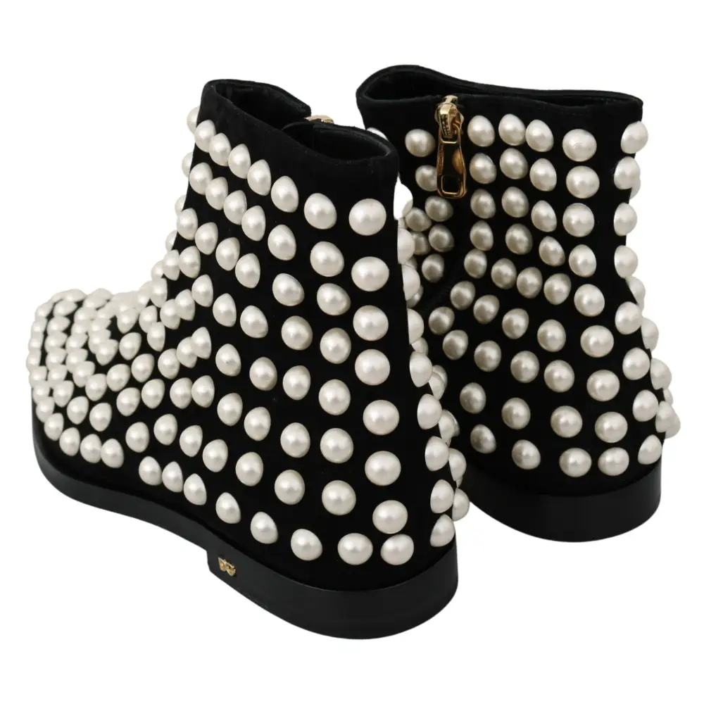 Dolce & Gabbana Schwarz Wildleder Perlen Nieten Stiefel Schuhe - EU39/US8.5