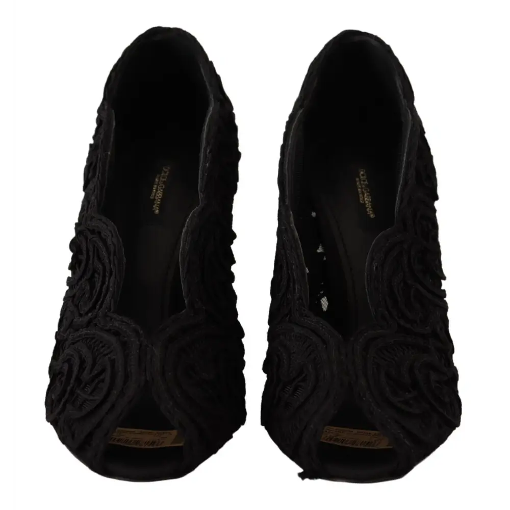 Dolce & Gabbana Schwarze Cordonetto Ricamo Pumps Offene Zehen Schuhe - EU40/US9.5