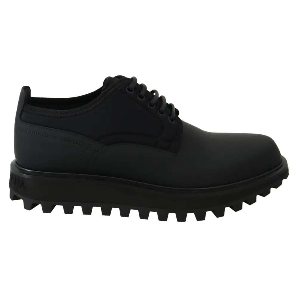 Dolce & Gabbana Schwarze gummierte Kalbsleder Chunky Derby Vulcano Schuhe - EU44/US11